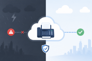 Split illustration of a cloud printing system: stormy left with warning icon, sunny right with checkmark, central cloud with printer, and a shield beneath signaling security and reliability.