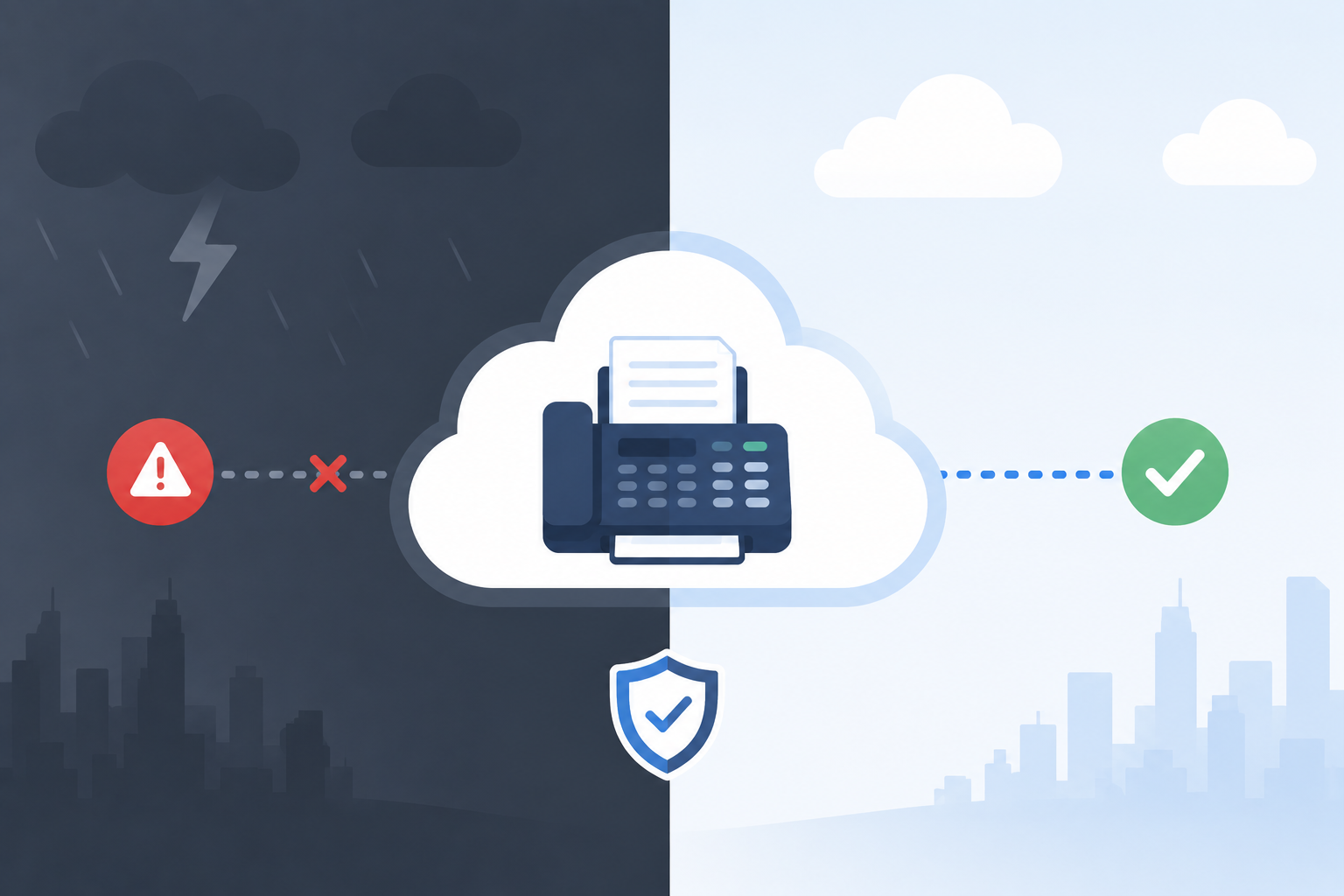 Split illustration of a cloud printing system: stormy left with warning icon, sunny right with checkmark, central cloud with printer, and a shield beneath signaling security and reliability.