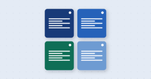 Four rounded square cards (dark blue, blue, green, light blue) in a 2x2 grid with white text lines and a small top-right dot on a pale dotted background.