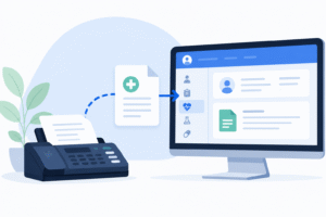 Medical document with a medical cross moves from a fax-like machine toward a computer screen showing an electronic health record dashboard.