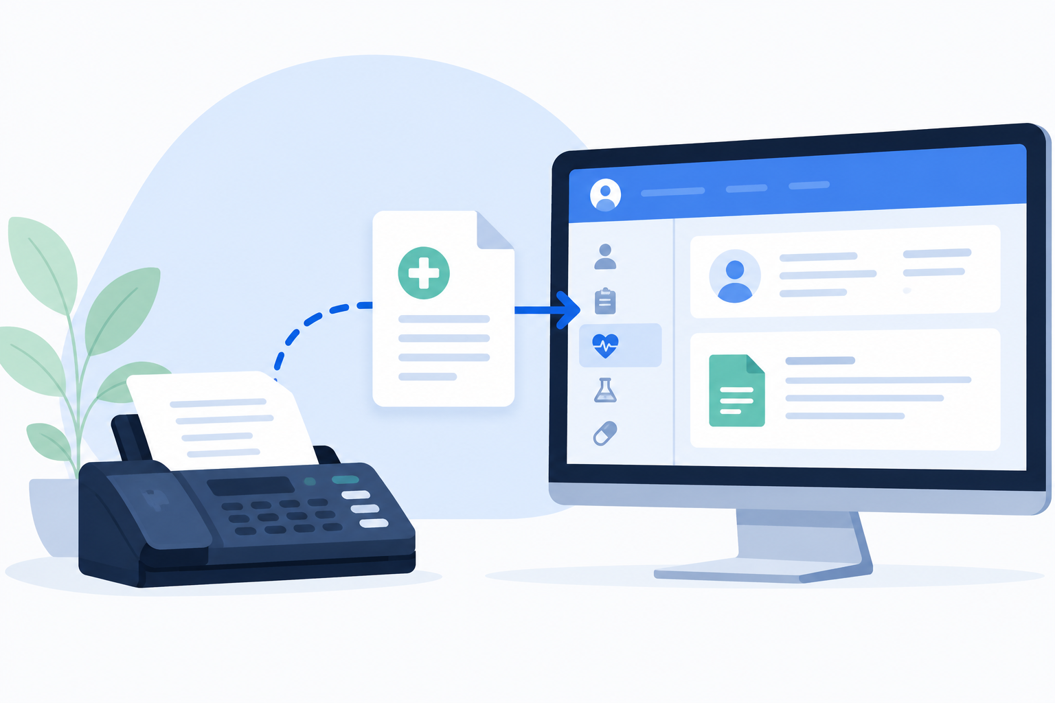 Medical document with a medical cross moves from a fax-like machine toward a computer screen showing an electronic health record dashboard.