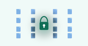 Central green padlock symbol protecting multiple blue document icons, illustrating data security and encryption of files