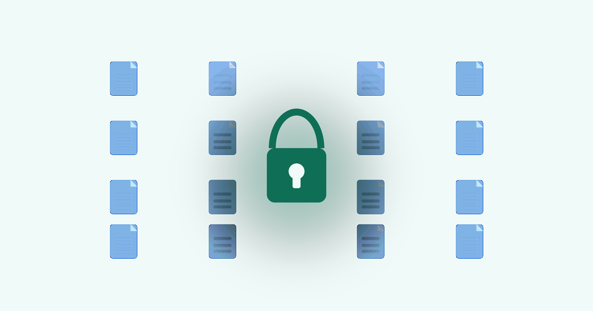 Central green padlock symbol protecting multiple blue document icons, illustrating data security and encryption of files