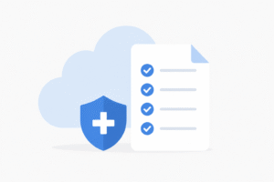 Cloud security illustration with a shield and a checklist, symbolizing protected cloud services