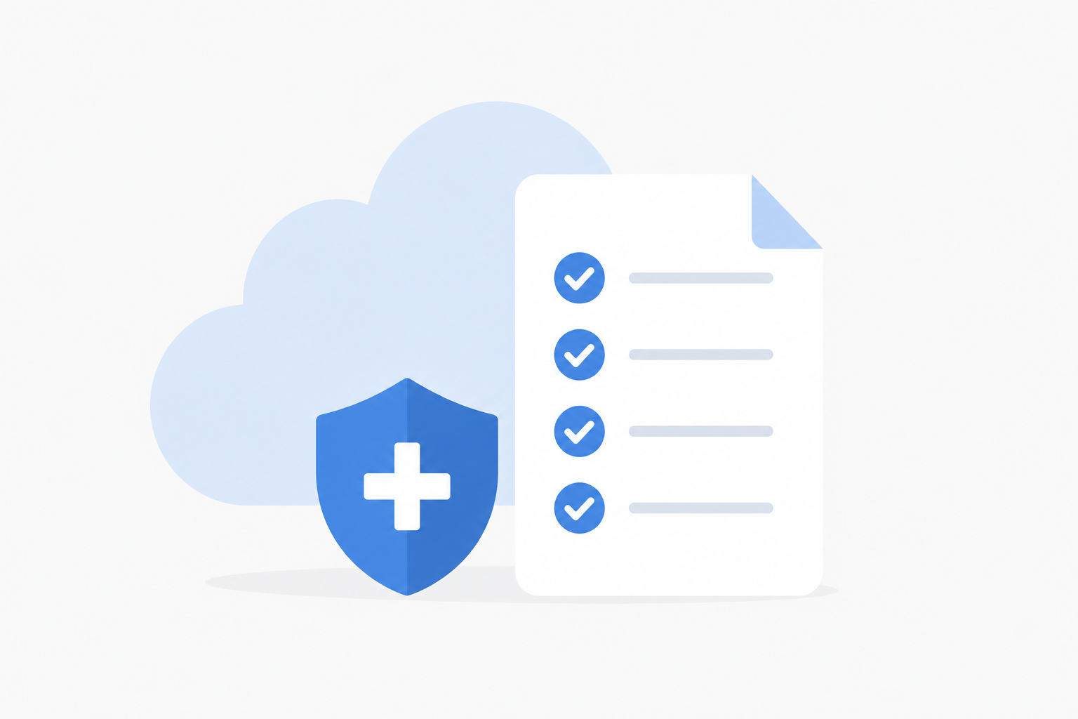 Cloud security illustration with a shield and a checklist, symbolizing protected cloud services