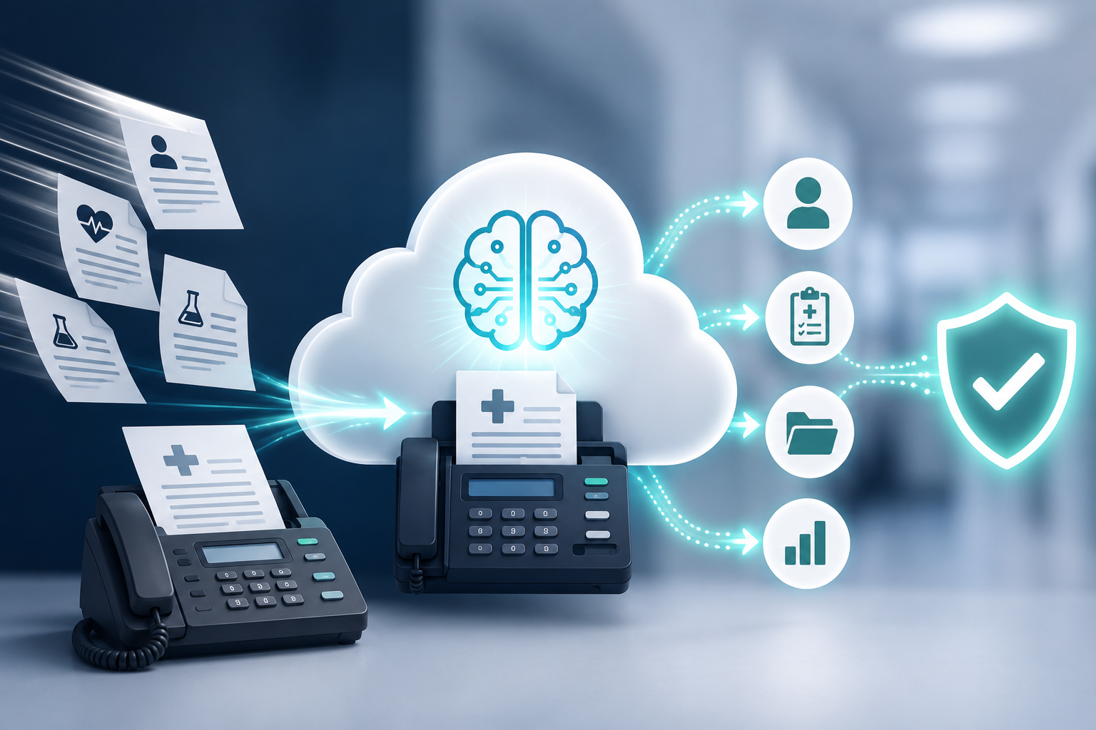 Cloud-based medical data system: printed documents flow to a central cloud AI brain, with outputs routing to icons (person, clipboard, folder, chart) and a shield checkmark for security.