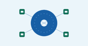 Central blue circular network hub connected to four green square node icons by blue lines, forming a four-way network diagram.