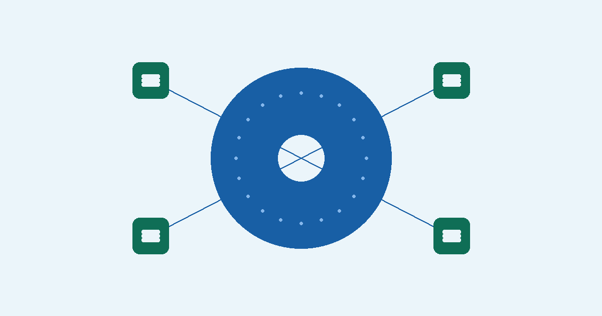 Central blue circular network hub connected to four green square node icons by blue lines, forming a four-way network diagram.
