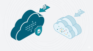 Cloud security illustration: data moving from documents into a dark shielded cloud with a security emblem and a lighter cloud with colored data dots to the right, indicating secure cloud storage transfer.
