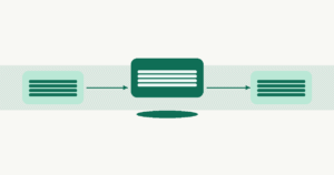 Three-step process flow: left and right steps connected to a central processing step by arrows, with an output oval beneath.
