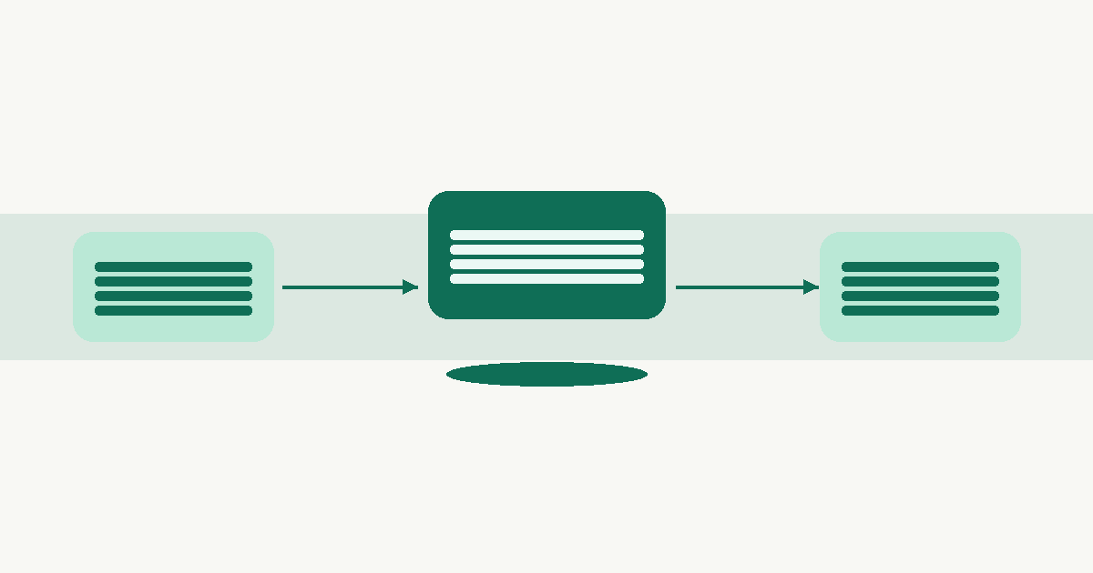 Three-step process flow: left and right steps connected to a central processing step by arrows, with an output oval beneath.