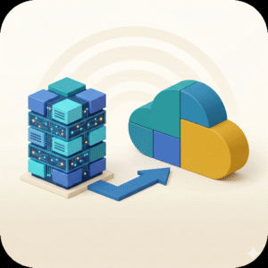 Abstract 3D teal and blue server blocks beside a large multicolored segmented ring on a pale background with concentric arcs in the distance.